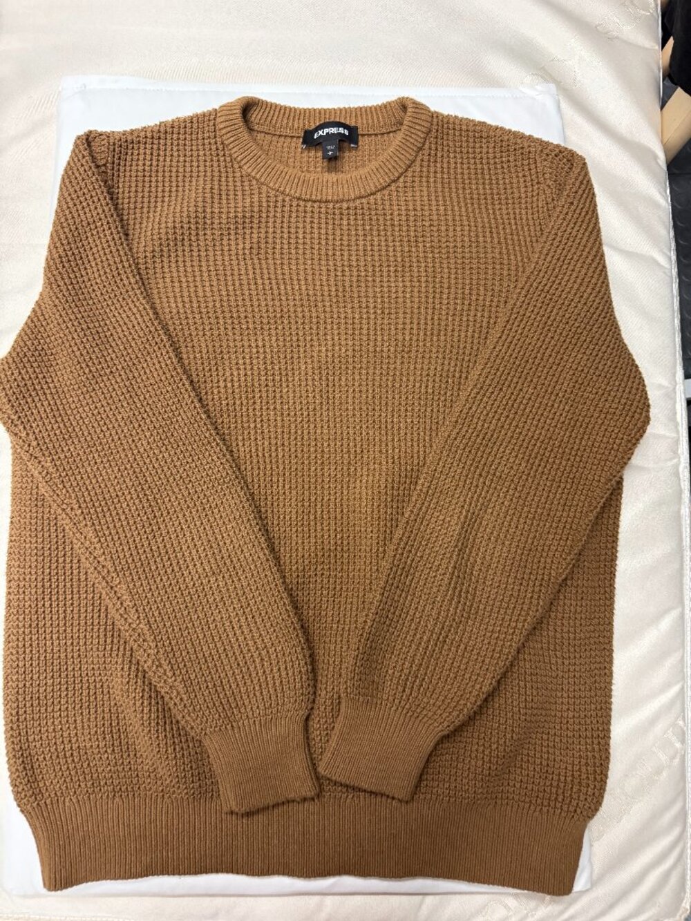 Express Waffle Knit Cotton Crewneck Sweater Camel Sz L